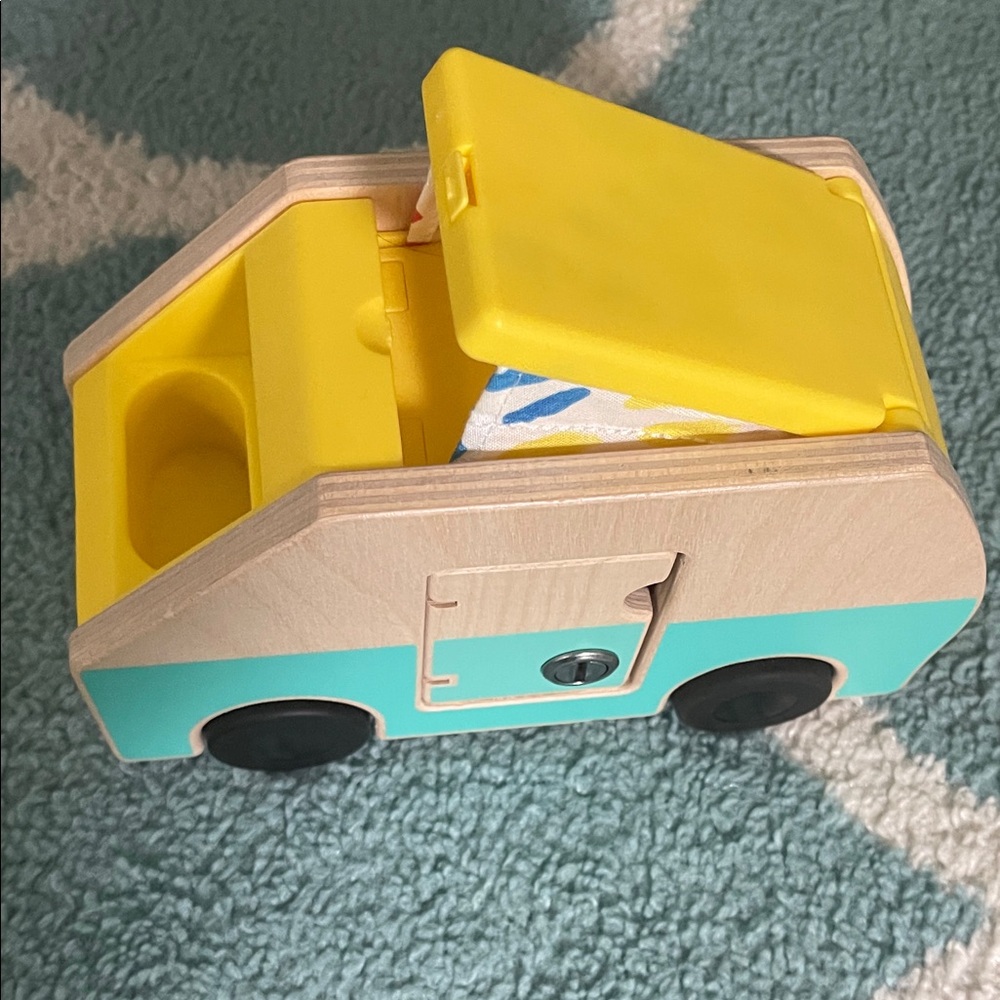 Lovevery Wooden Toy Camper Van with Yellow Roof with Tent sleeping bags & people